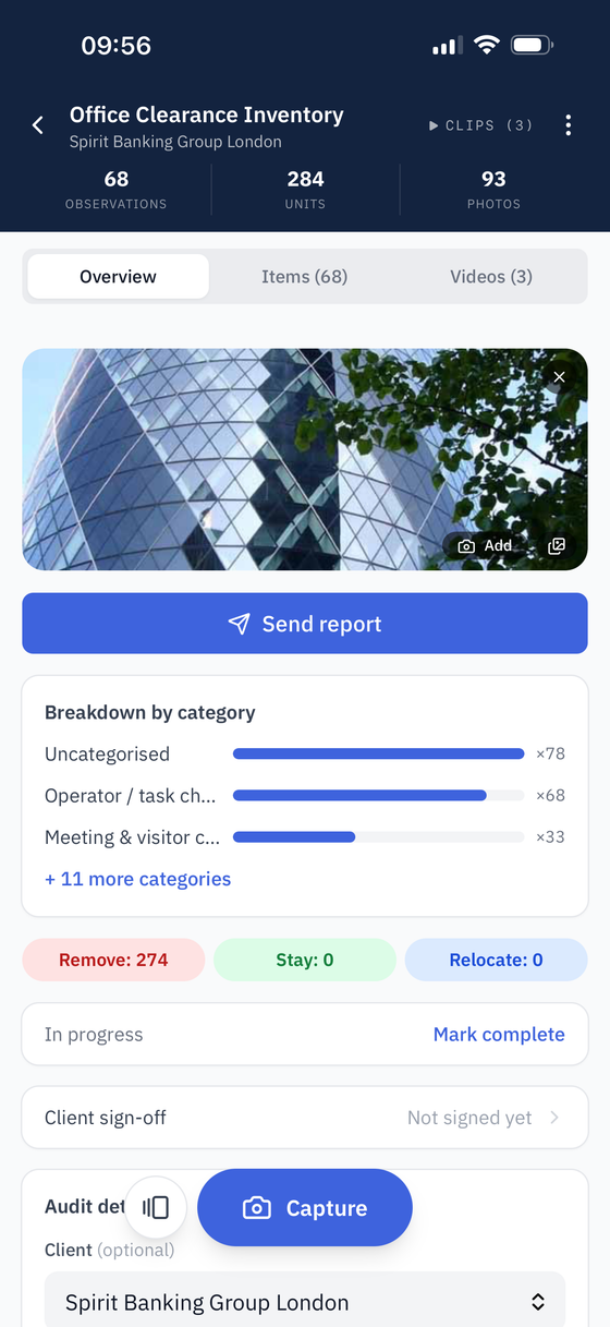 The Beam app mid-audit — Spirit Banking Group London, 68 observations, send report and category breakdown